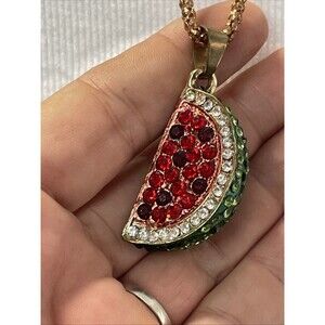 Fashion Red Green Rhinestone Enamel Watermelon Necklace Long